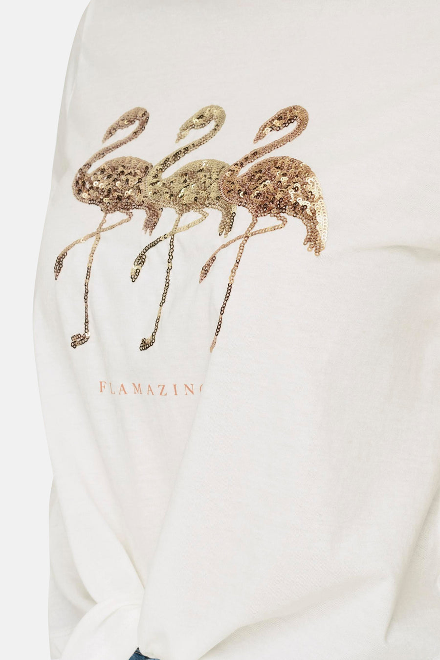 Wit T-shirt met korte mouwen van ONLY, met pailletten flamingo-motief en opschrift.
