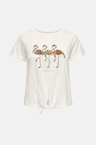 Wit T-shirt met korte mouwen van ONLY, versierd met pailletten flamingo-motieven en een strik in de taille.
