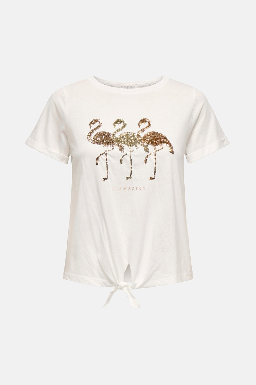 Wit T-shirt met korte mouwen van ONLY, versierd met pailletten flamingo-motieven en een strik in de taille.