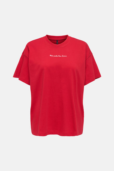 Rood T-shirt met korte mouwen van ONLY, met pastagrafische print en 'Food Club'-slogan op de rug.