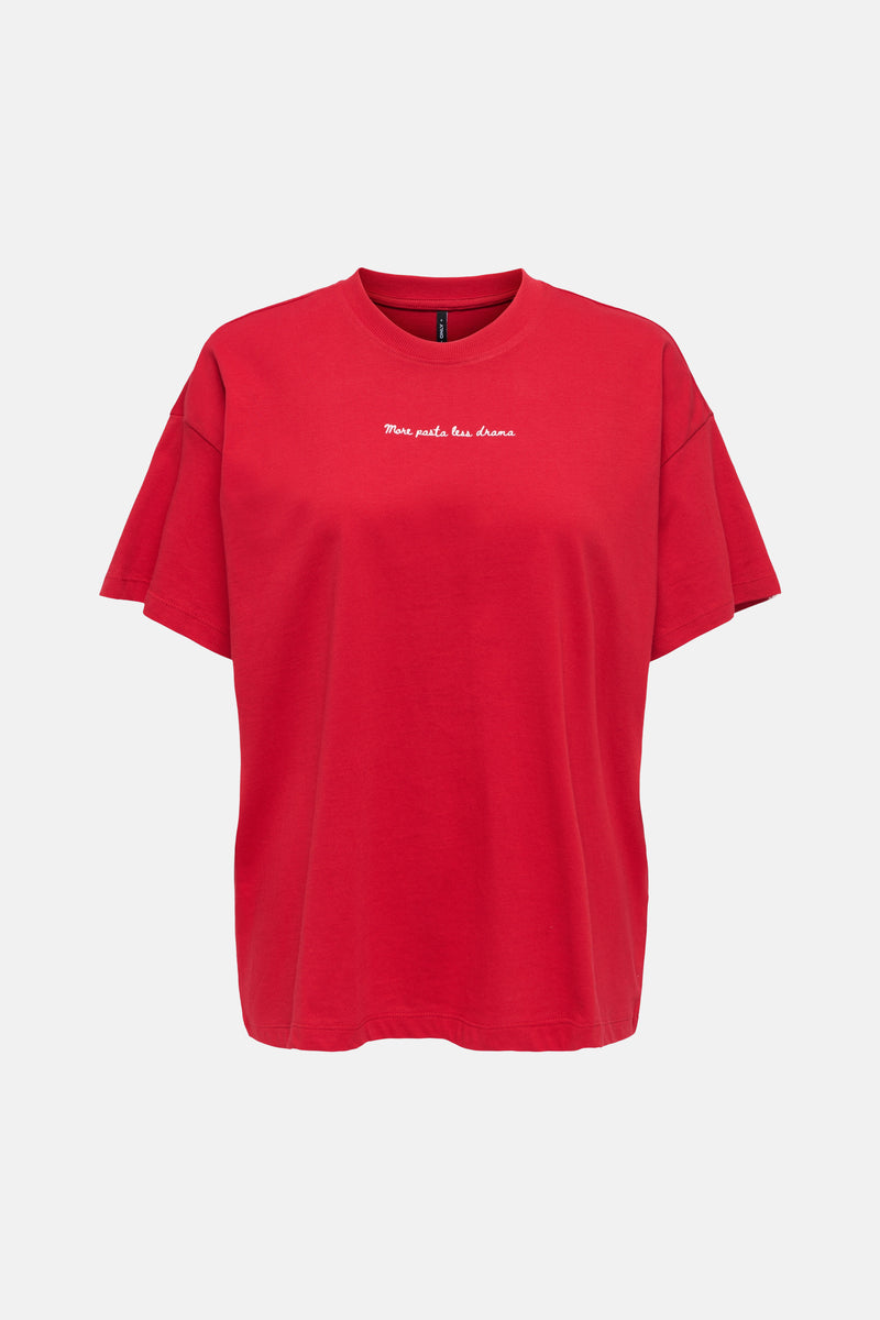 Rood T-shirt met korte mouwen van ONLY, met pastagrafische print en 'Food Club'-slogan op de rug.