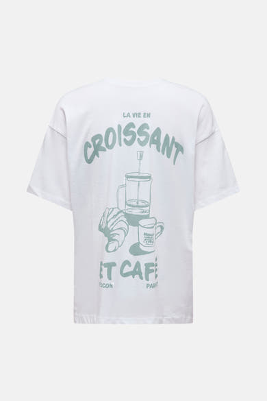 Witte tanktop van ONLY®, met een print van een croissant, koffieapparaat en koffiebeker op de achterkant.