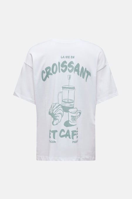 Wit T-shirt met korte mouwen van ONLY®, met een print van een halve maan, koffiezetapparaat en koffiekopje op de achterkant.