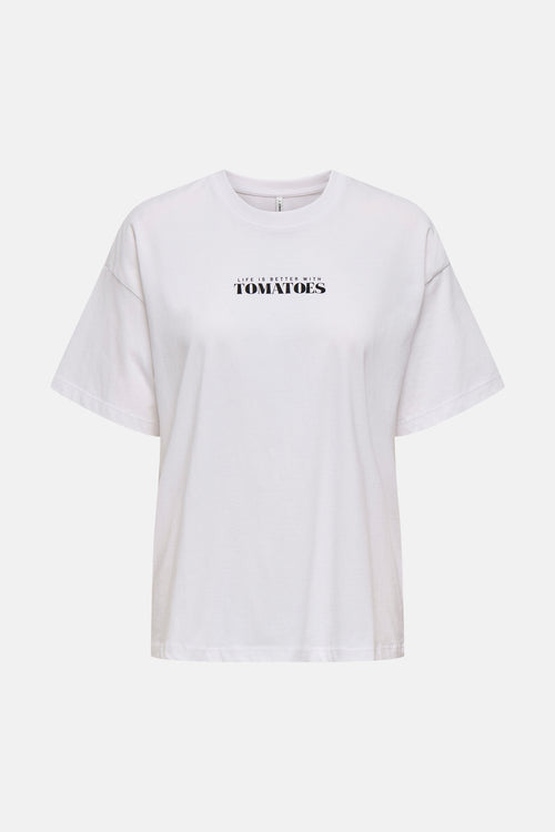 T-shirt blanc à manches courtes de ONLY, avec un imprimé de texte noir.