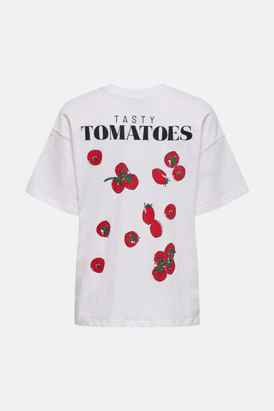 T-shirt blanc à manches courtes de ONLY®, imprimé avec des tomates et le texte "Tasty Tomatoes" au dos.