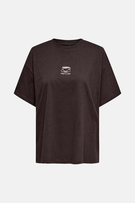 Bruin T-shirt met korte mouwen van ONLY®, met een koffiezetapparaatprint op de achterkant.