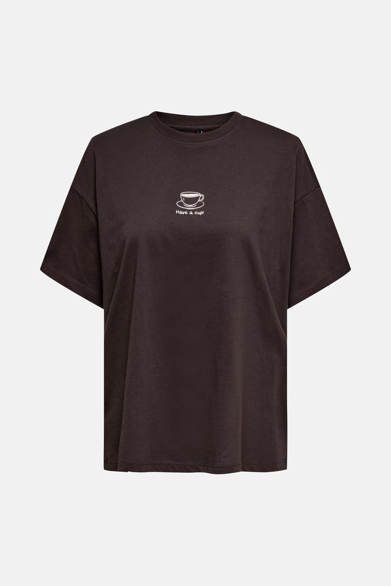 T-shirt à manches courtes brun de ONLY, orné d'une tasse à café et d'une inscription "Have a cup".