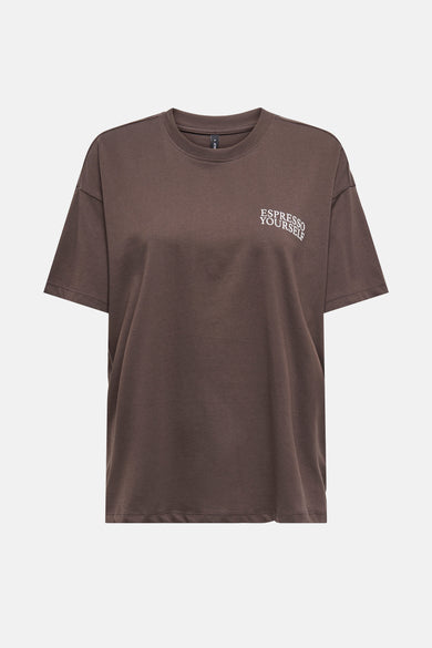 T-shirt à manches courtes brun de ONLY, avec texte imprimé blanc.
