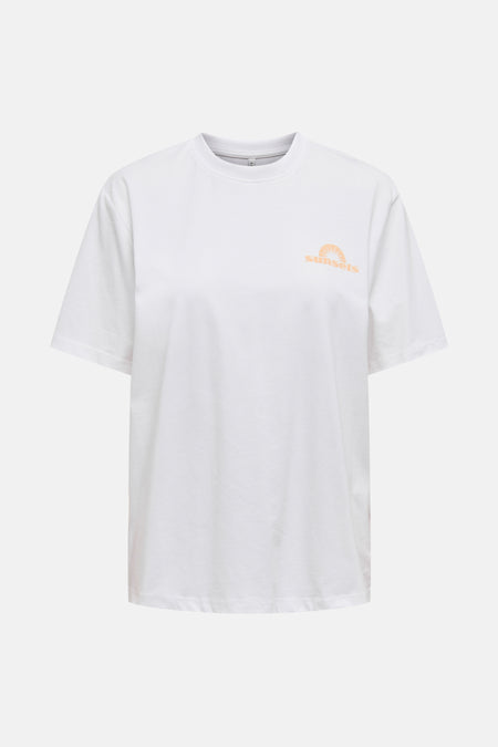Wit T-shirt met korte mouwen van ONLY, met perzikprint van palmbomen en tekst op de achterkant.