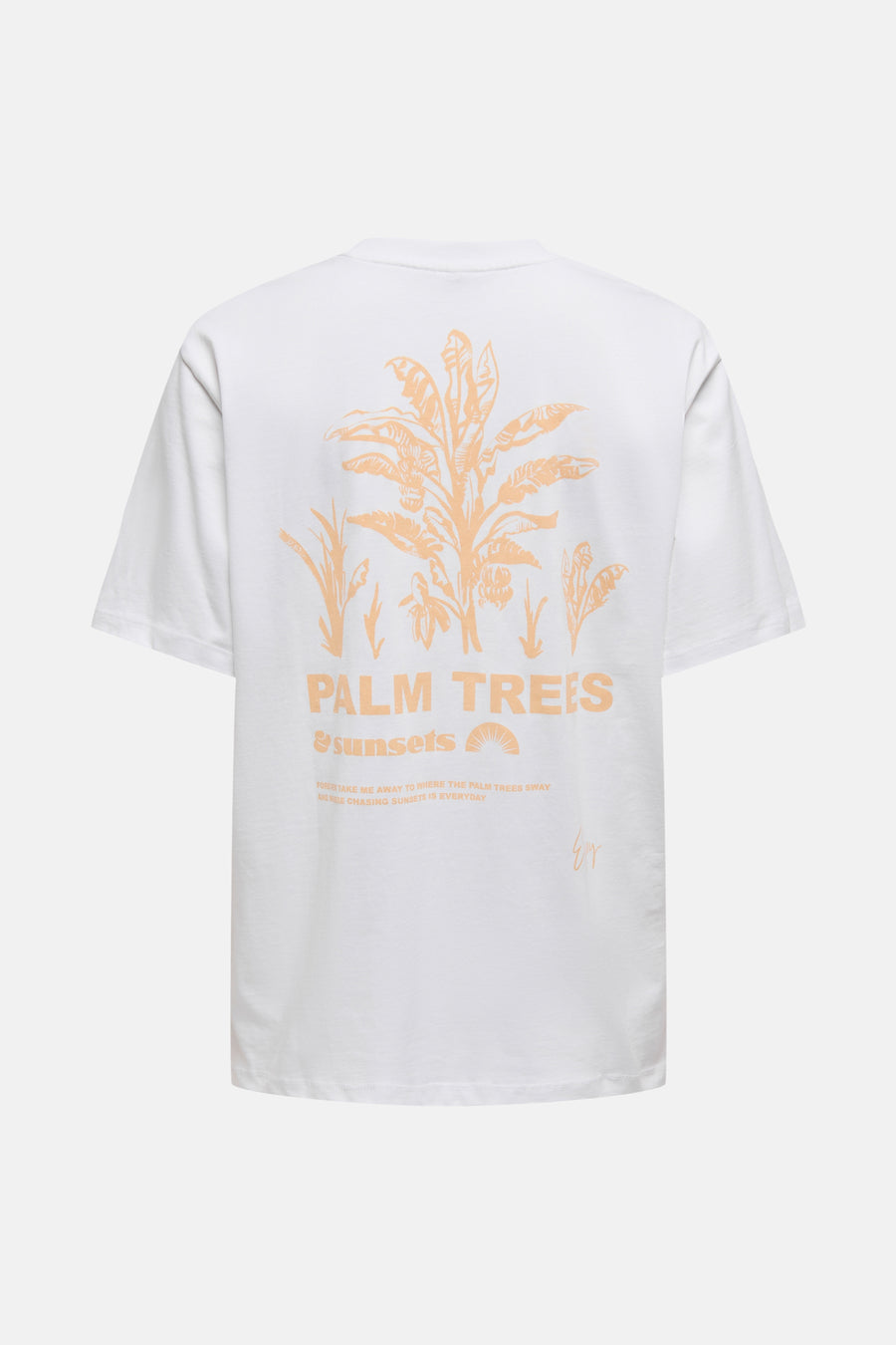 T-shirt blanc à manches courtes de ONLY, avec motif de palmiers et texte pêche imprimés au dos.

