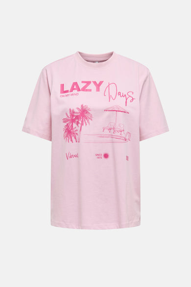 T-shirt rose à manches courtes de ONLY, imprimé avec motif estival de palmiers et piscine.