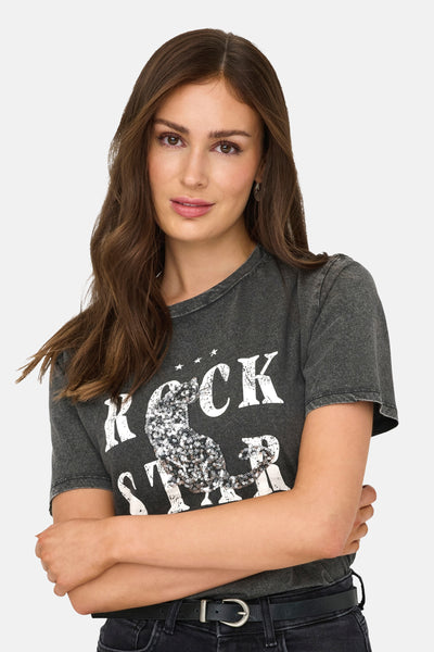 Zwart T-shirt met korte mouwen van ONLY, met witte Rock Star-print en versierd met pailletten.