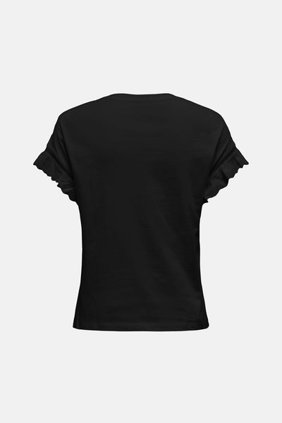 Zwart T-shirt met korte mouwen van ONLY, met ruchesdetails op de mouwen.