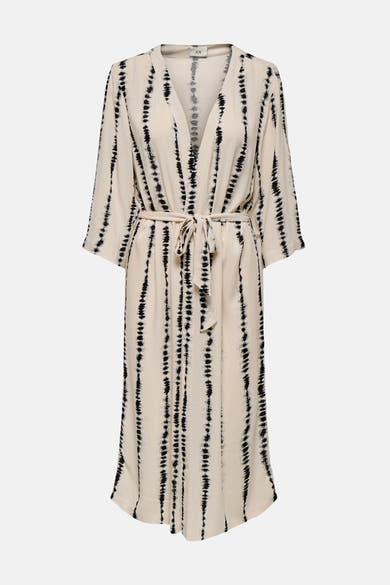 Beige gilet van JDY met een zwart verticaal patroon, een strikceintuur en lange mouwen.