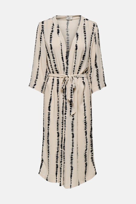 Beige gilet van JDY met een zwart verticaal patroon, een strikceintuur en lange mouwen.