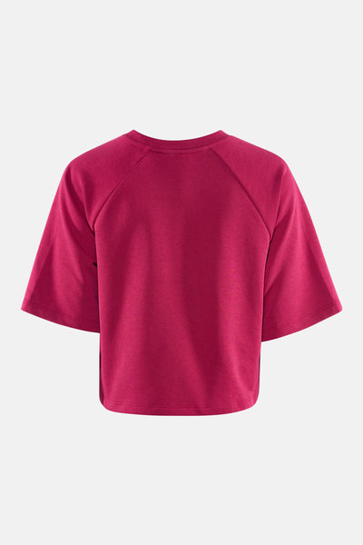 Effaagende roze T-shirt met korte mouwen van ONLY®, cropped model met raglanmouwen, achterzijde.