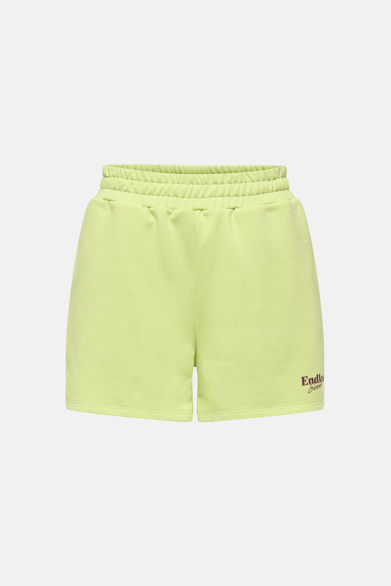 Short vert de ONLY® avec taille élastiquée en molleton et motif "Endless Summer" sur la jambe droite.