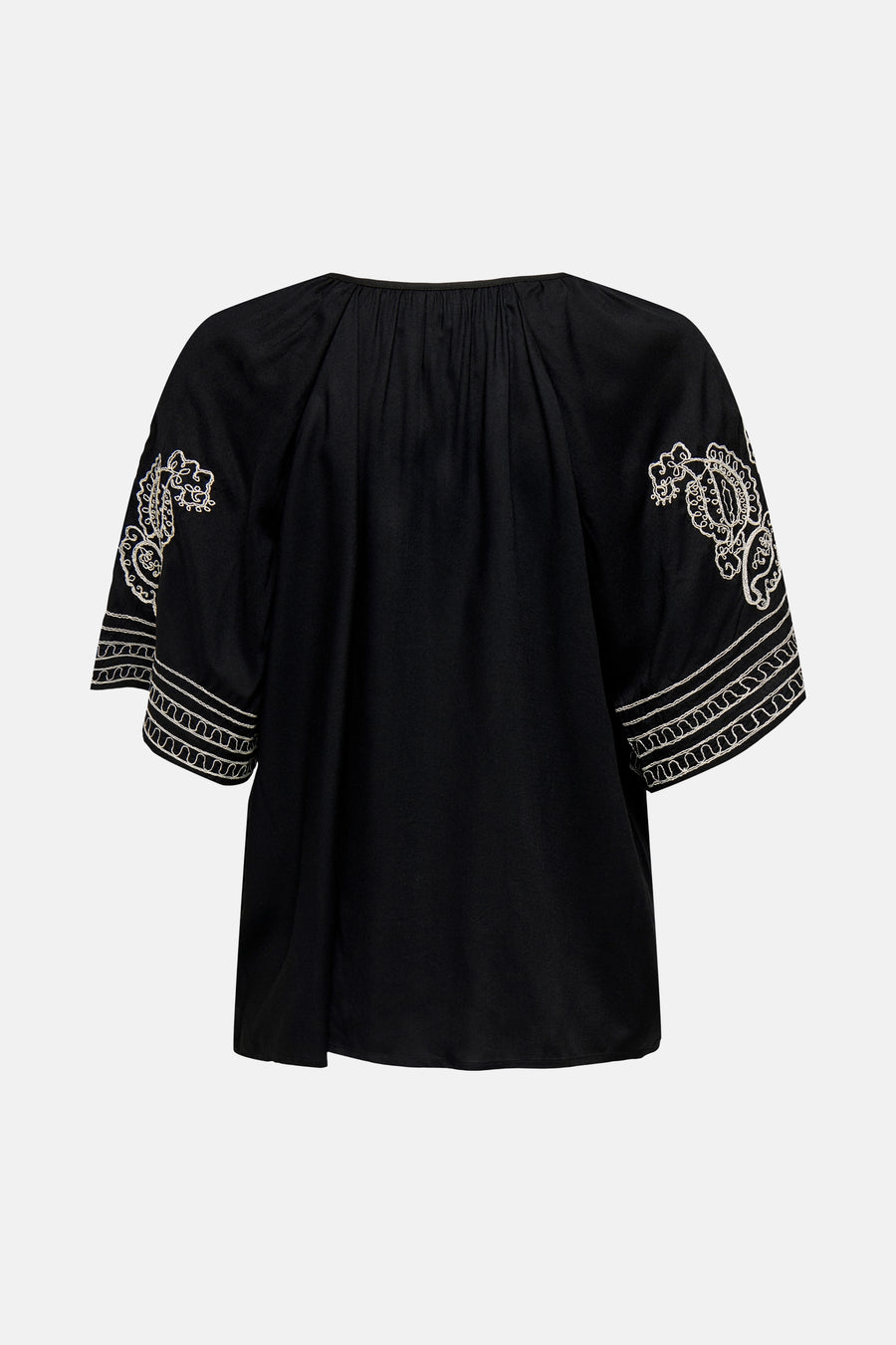 T-shirt à manches courtes noir de JDY avec broderie florale blanche sur les manches, vue arrière.