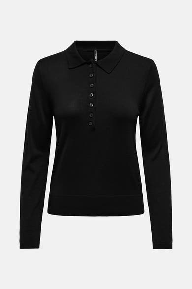 Polo noir à manches longues de ONLY, avec boutons et en maille côtelée fine.