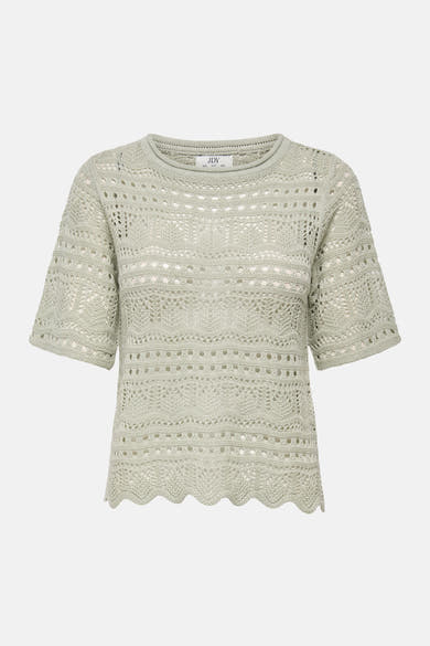 Pull à col rond vert de JDY, avec un motif ajouré et une texture crochetée.