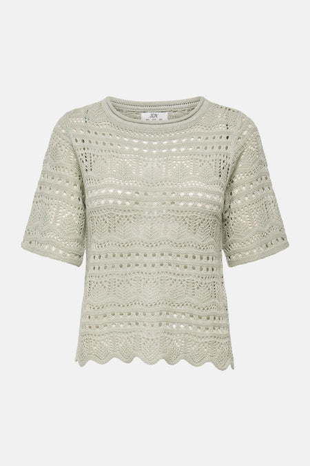 Pull à col rond vert de JDY, avec un motif ajouré et une texture crochetée.