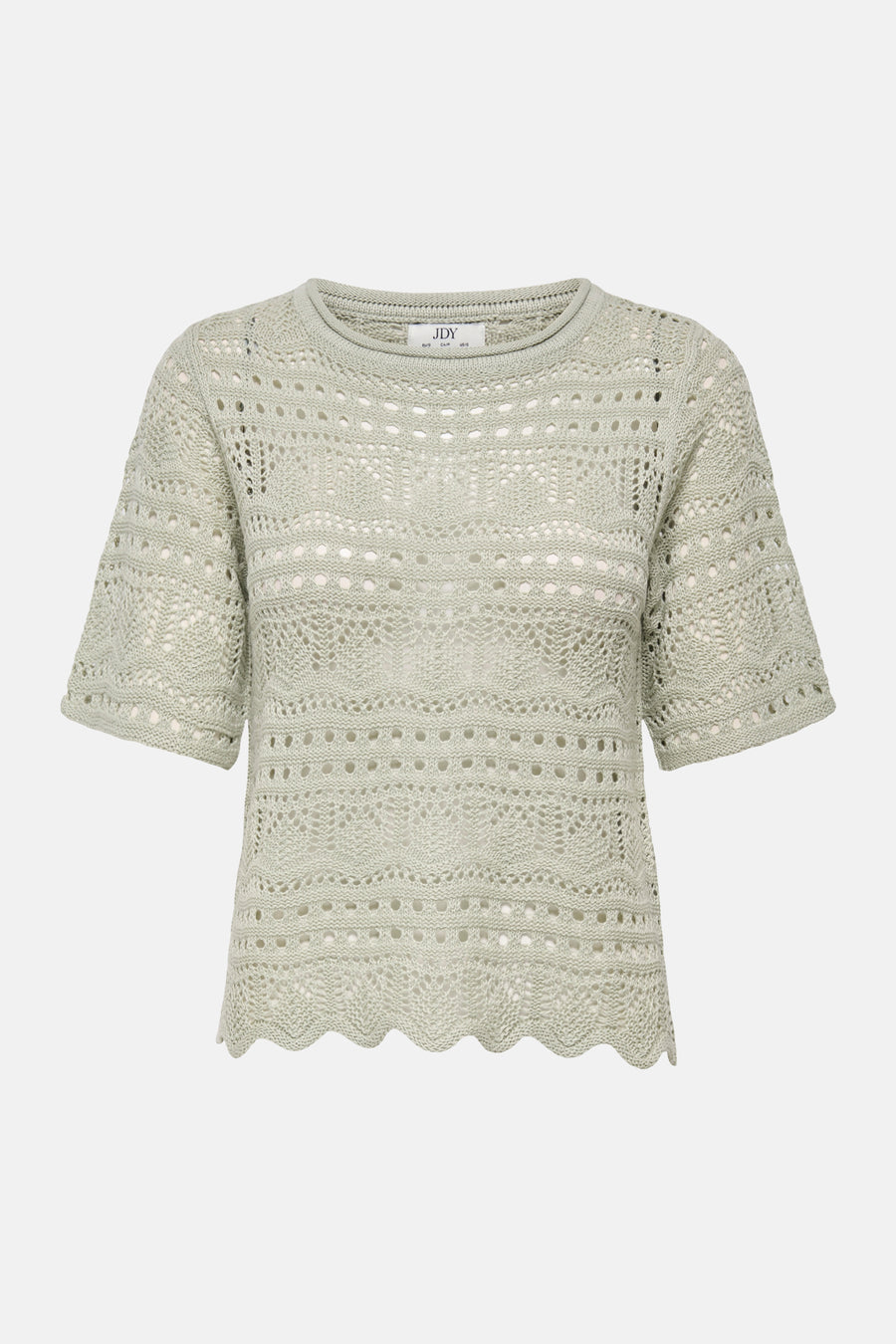 Pull à col rond vert de JDY, avec un motif ajouré et une texture crochetée.
