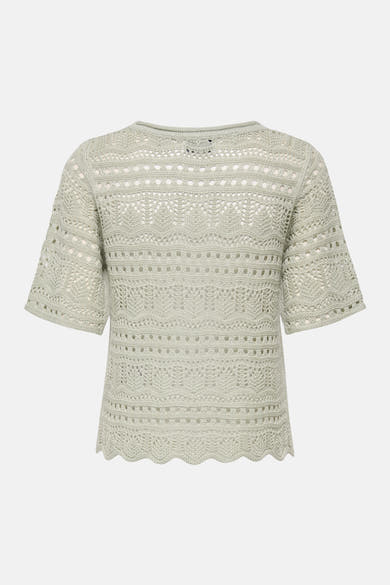 Pull à col rond vert de JDY en maille ajourée avec des motifs variés et ourlet festonné.
