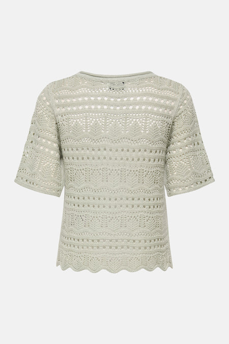 Pull à col rond vert de JDY en maille ajourée avec des motifs variés et ourlet festonné.
