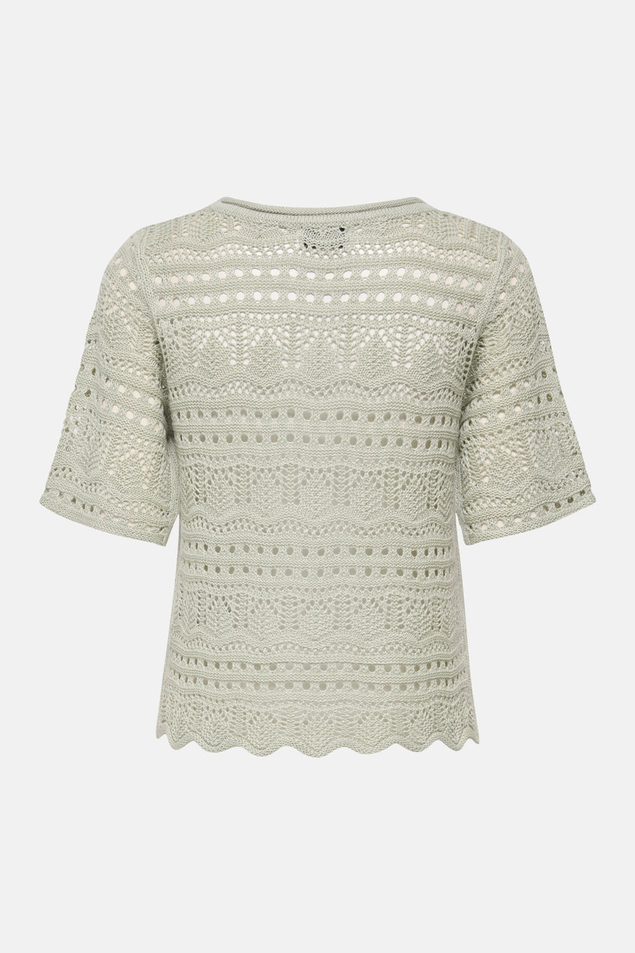 Pull à col rond vert de JDY en maille ajourée avec des motifs variés et ourlet festonné.
