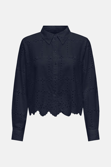 Chemisier bleu de JDY avec broderie anglaise florale et ourlet festonné.