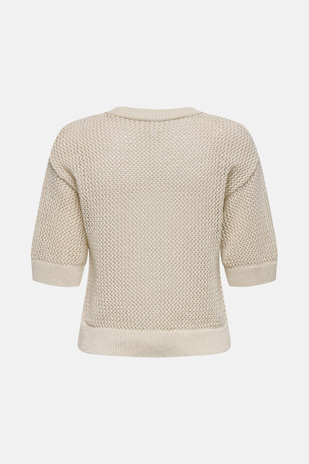 Beige ronde hals trui van ONLY®, korte mouwen met ajourpatroon, achterzijde.