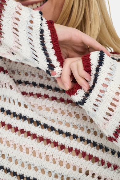 Pull à col rond multicolore de ONLY, en maille ajourée à rayures contrastées, porté avec un anneau doré.