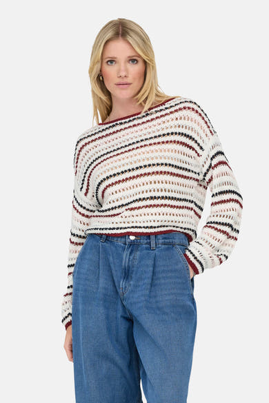 Pull multicolore à rayures de ONLY, porté avec un jean taille haute bleu.