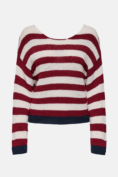 Pull à col en V multicolore de ONLY®, avec des rayures horizontales bordeaux et crème, et une finition bleu marine.
