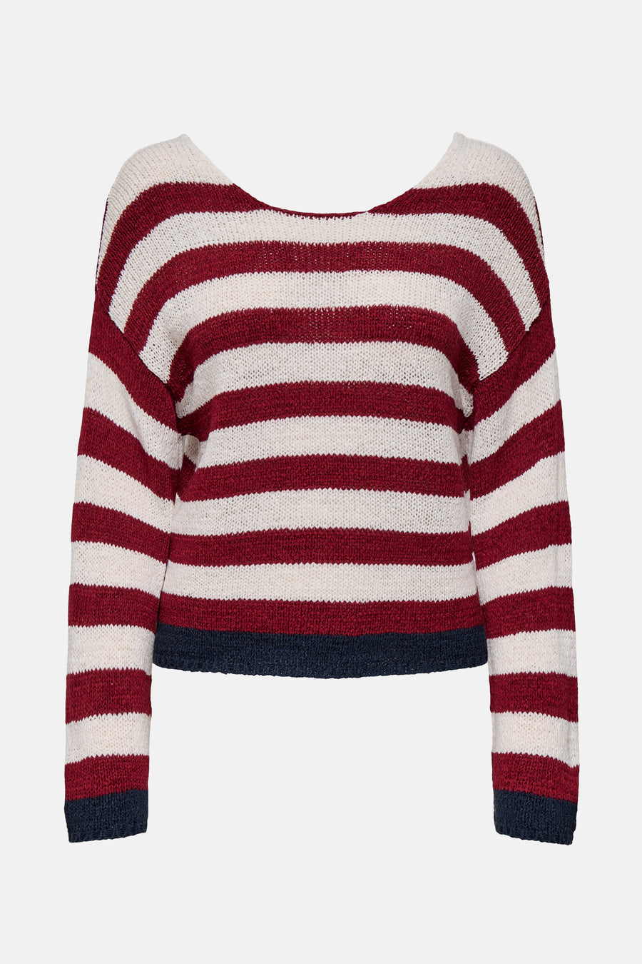 Pull à col en V multicolore de ONLY®, avec des rayures horizontales bordeaux et crème, et une finition bleu marine.
