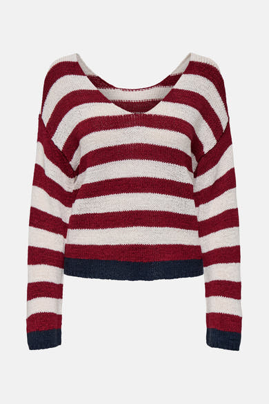 Pull à col en V multicolore de ONLY®, à rayures horizontales bordeaux et blanches, avec une bande bleu marine en bas.