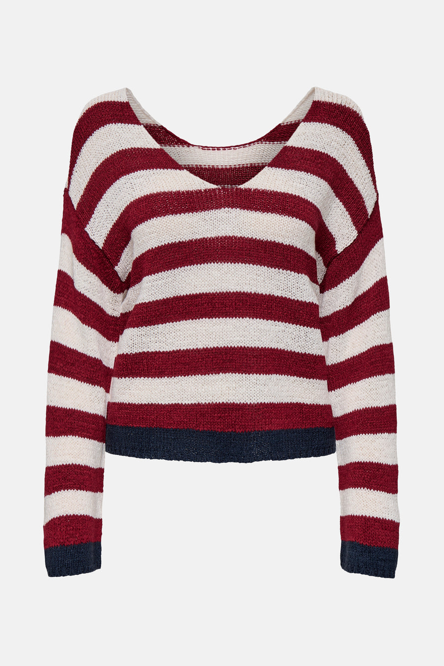 Pull à col en V multicolore de ONLY®, à rayures horizontales bordeaux et blanches, avec une bande bleu marine en bas.