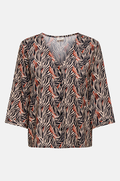 JDY veelkleurige blouse met lange mouwen, met een zwart en roestkleurig zebrapatroon op een beige achtergrond.