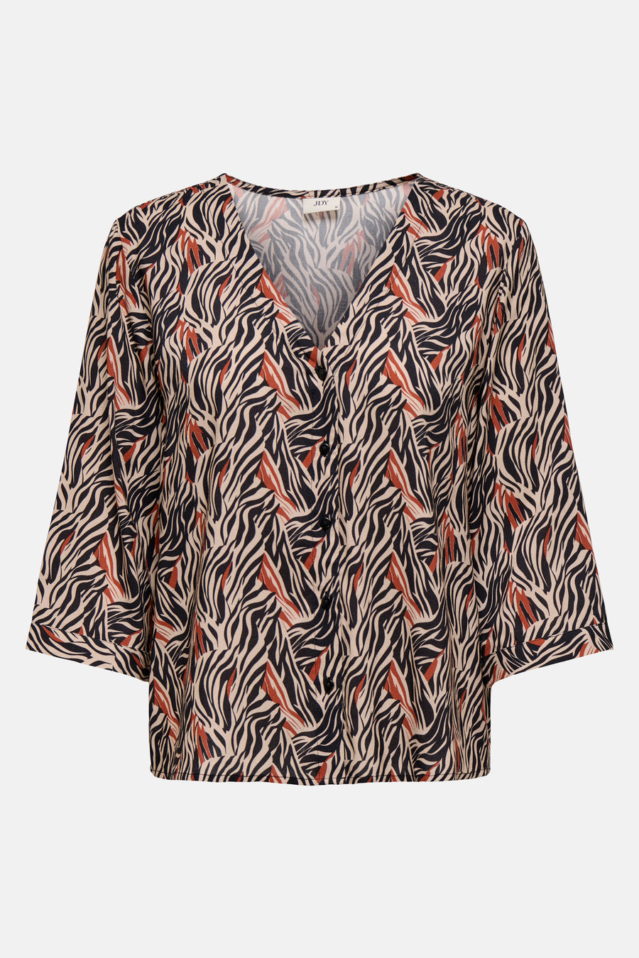 JDY veelkleurige blouse met lange mouwen, met een zwart en roestkleurig zebrapatroon op een beige achtergrond.