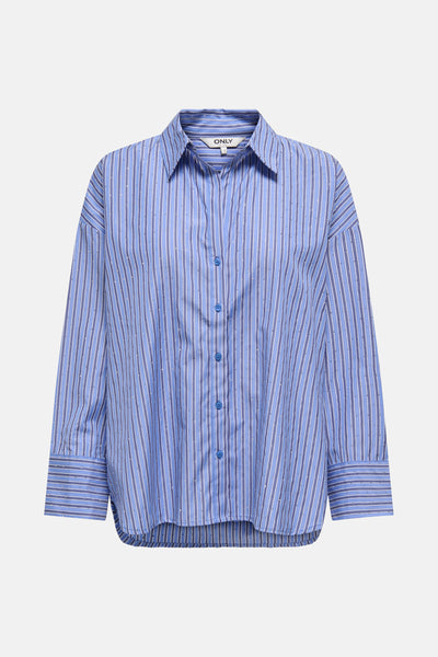 Chemise à manches longues bleue rayée de ONLY, avec des détails brillants.