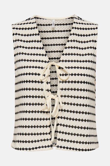 Gilet sans manches écru et noir de ONLY® à motifs de losanges et liens à nouer.