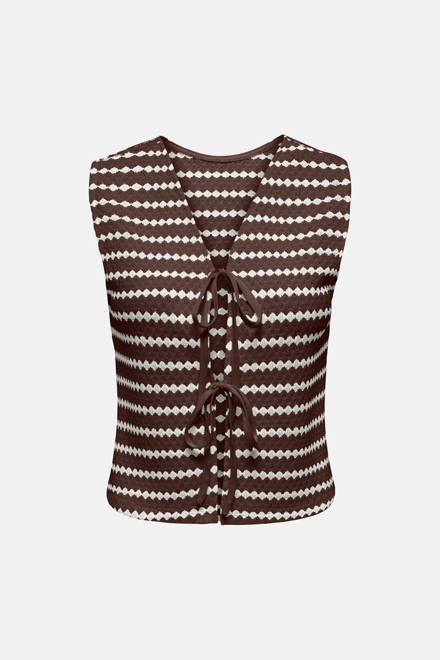 Bruin en wit mouwloos vest van ONLY® met horizontale textuurstrepen, achterzijde.