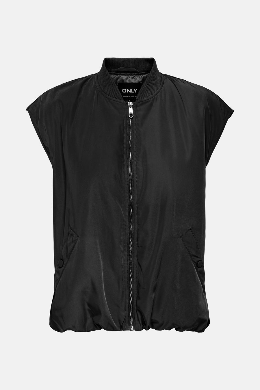 Zwart mouwloos vest van ONLY, met ritssluiting over de gehele lengte en knoopzakken.