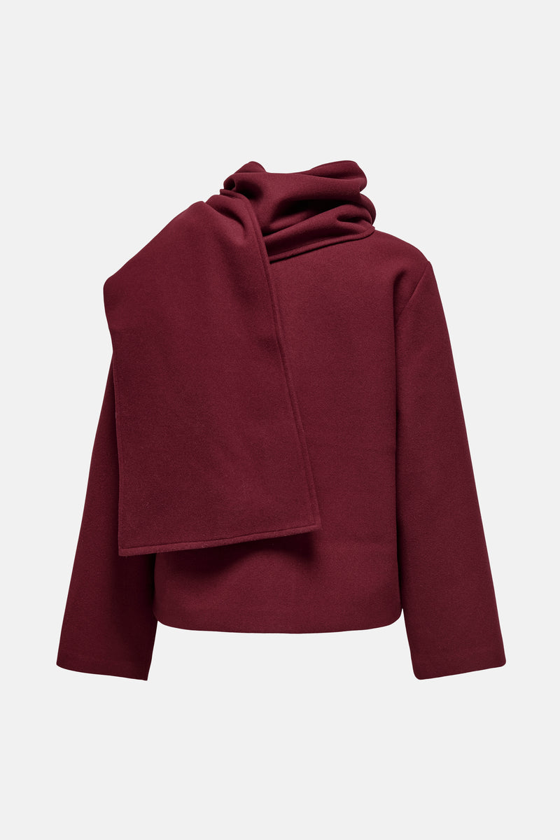 Veste courte bordeaux de ONLY, avec col montant drapé et manches larges.