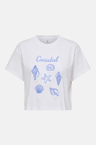 T-shirt blanc de ONLY® brodé « Coastal », coquillages et étoile de mer bleus, coupe courte.