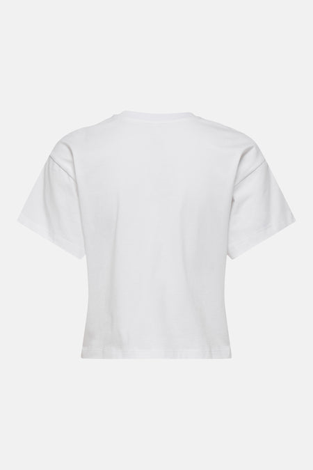 T-shirt blanc de ONLY® coupe décontractée, vue de dos, avec col rond et manches courtes tombantes.