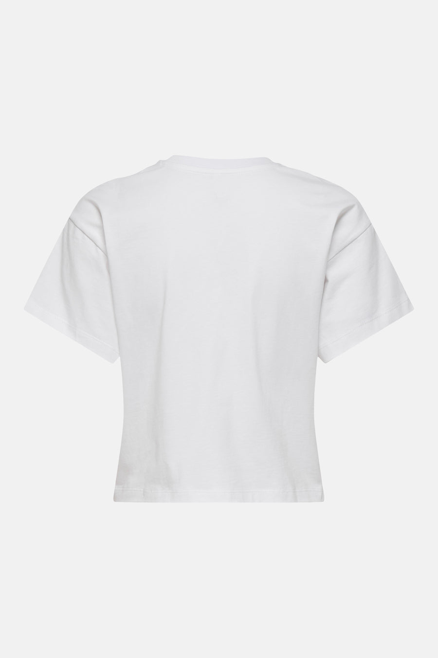 T-shirt blanc de ONLY® coupe décontractée, vue de dos, avec col rond et manches courtes tombantes.