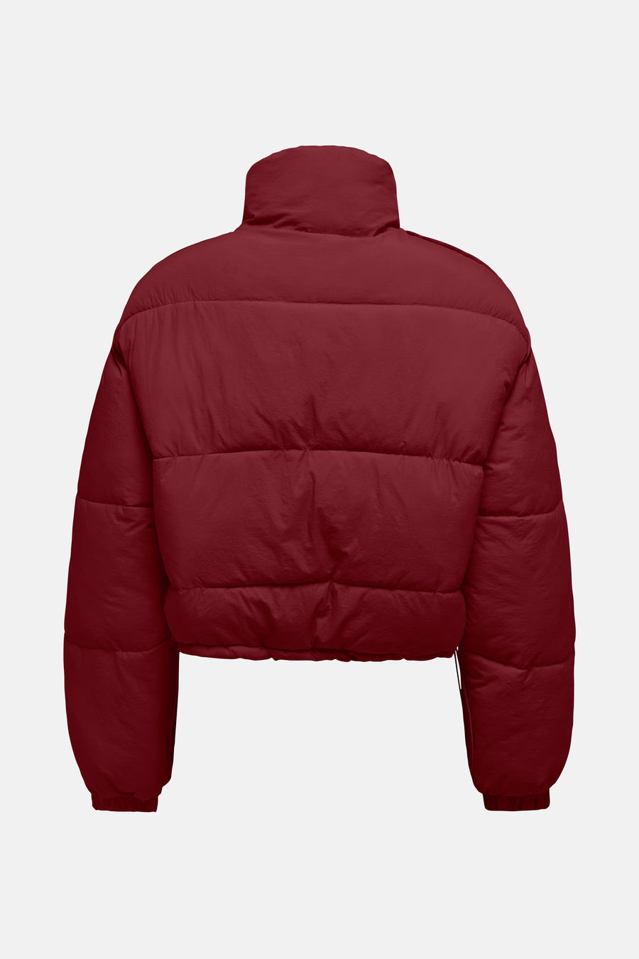 Veste courte rouge de ONLY, matelassée avec col montant, vue de dos.
