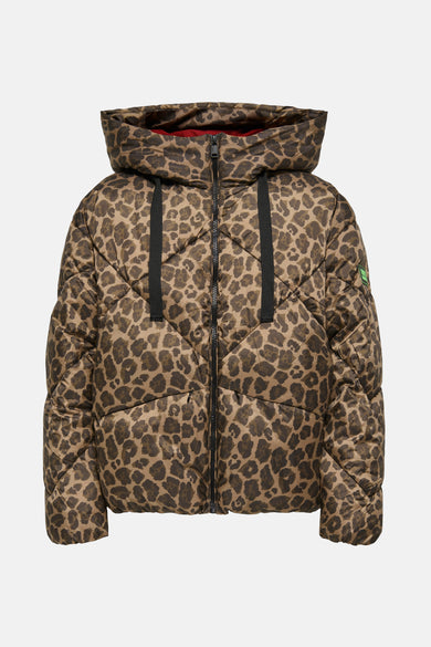 Veste courte marron de ONLY® avec capuche, motif léopard et fermeture éclair centrale.