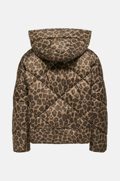 Veste courte marron ONLY à motif léopard, avec capuche et matelassage losanges, vue de dos.